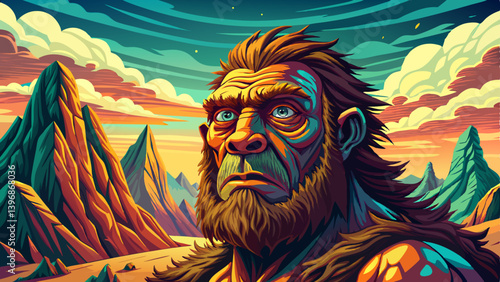 caveman portrait on rocky desert under a strange colored sky, amazing banner