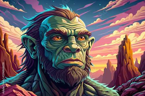 caveman portrait on rocky desert under a strange colored sky, amazing banner