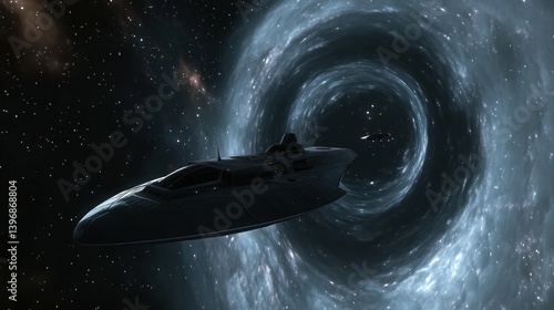 Fototapeta Naklejka Na Ścianę i Meble -  Futuristic spaceship approaches glowing space vortex in deep space