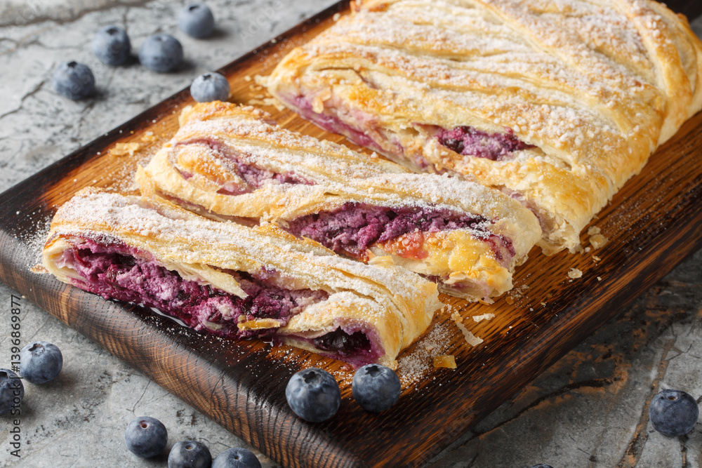 Delicious blueberry pie with fresh berries and patissiere cream close-up on a wooden board on the table. Horizontal
