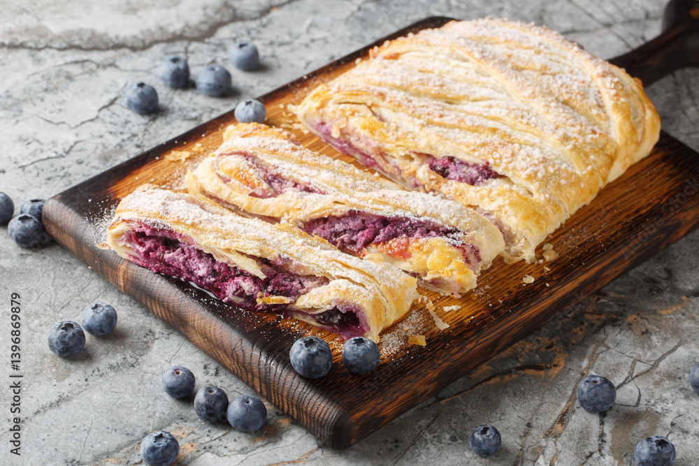 Puff pie with fresh blueberry and cream cheese filling close-up on wooden board on table. Horizontal