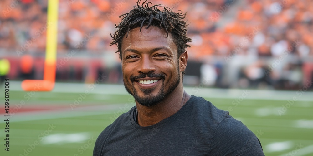 A man with a smile on his face is standing on a football field