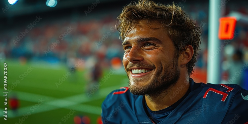 A smiling man in a blue jersey sits on the sidelines of a football field