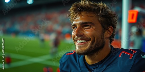 A smiling man in a blue jersey sits on the sidelines of a football field