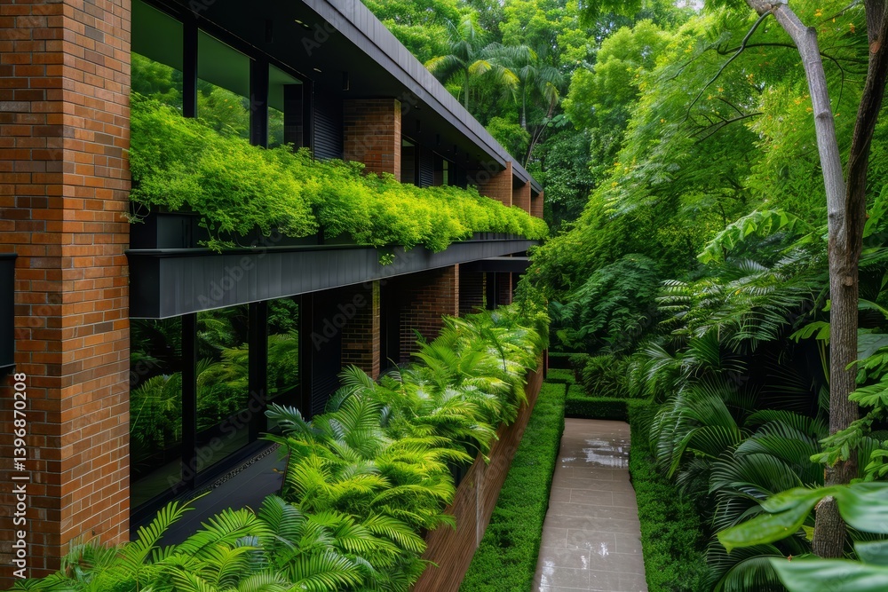 A serene view of a modern building surrounded by lush greenery, showcasing vibrant ferns and trees, creating a tranquil urban oasis. Perspective of Belonging A serene view of a modern building surrounded by lush greenery, showcasing vibrant ferns and trees, creating a tranquil urban oasis. Perspective of Belonging