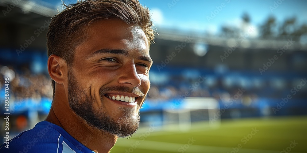 A man with a beard and a smile is standing on a soccer field