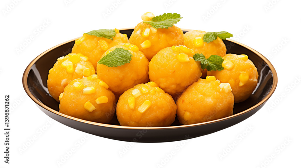 A plate of sweet yellow balls garnished with corn and mint A plate of sweet yellow balls garnished with corn and mint