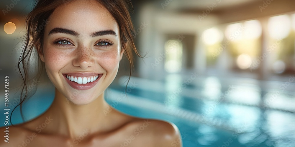 A woman with a smile on her face is standing in front of a pool