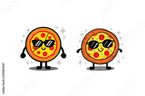 Cool pizza duo, sporting sunglasses with starry flair, exude trendy culinary charm, a vibrant vector illustration perfect for playful food designs.