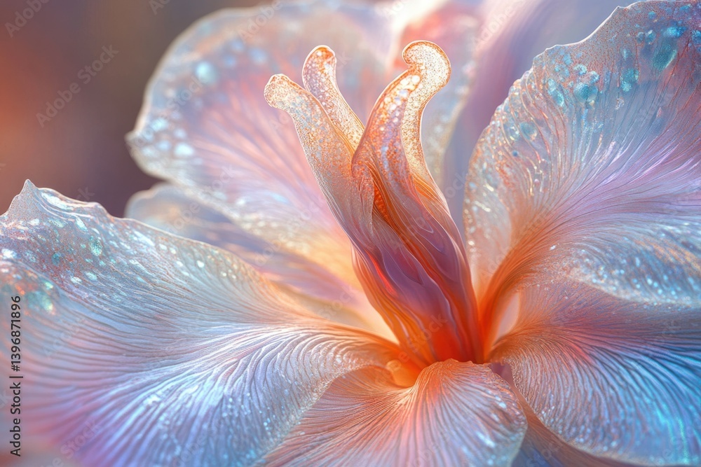 Fototapeta premium Close-up of iridescent flower petals, delicate and vibrant, showcasing intricate details and soft pastel hues.