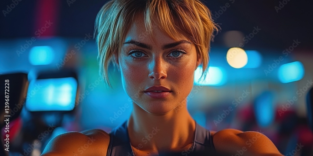 A woman with a short haircut and blue eyes is posing for a photo