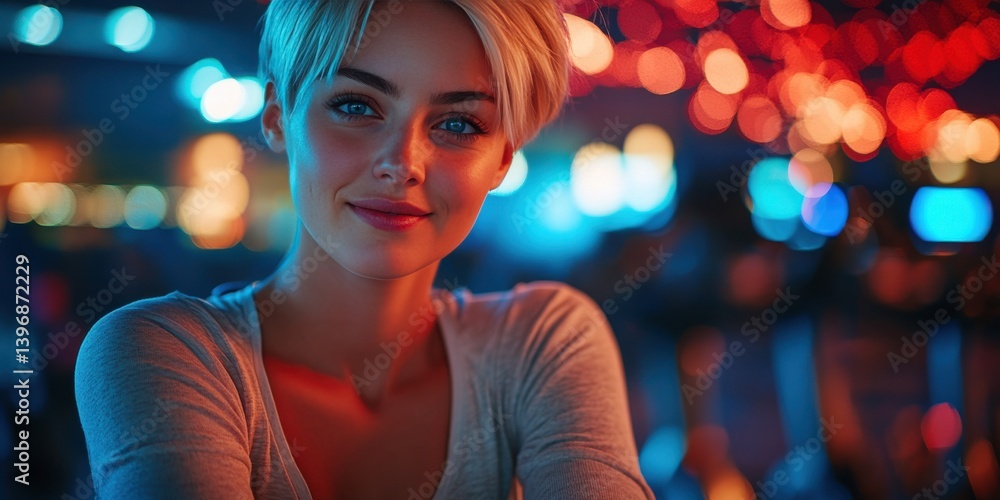 A woman with blonde hair and blue eyes is smiling at the camera