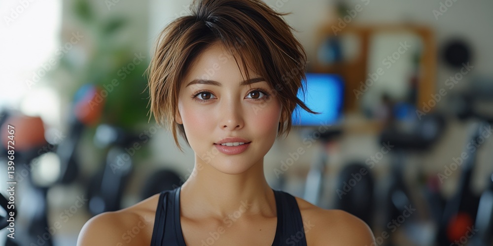 A woman with short brown hair and a black tank top is smiling at the camera