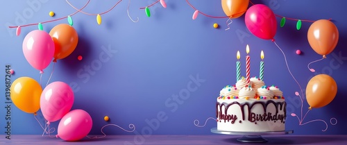 Elegant birthday frame template with colorful balloons and a delicious cake, ideal for cards and invitations, fun, balloons