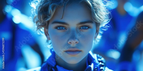A young girl with blue hair and blue eyes is staring at the camera