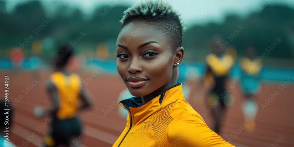 determined female athlete with short hair from Senegal in a track and field stadium