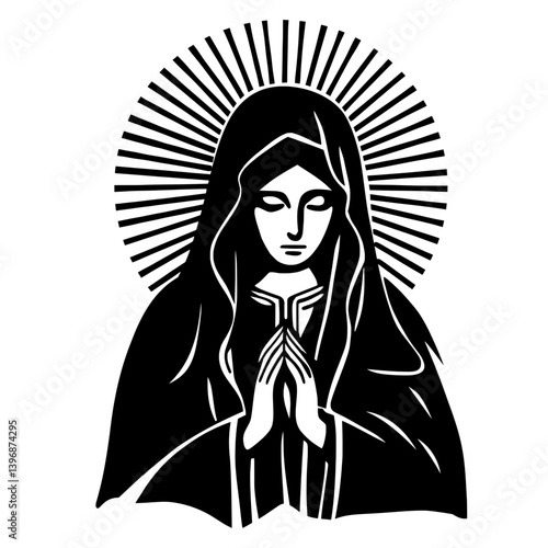 Virgin Mary Vector. Black and white illustration of the Virgin Mary with a halo, praying.