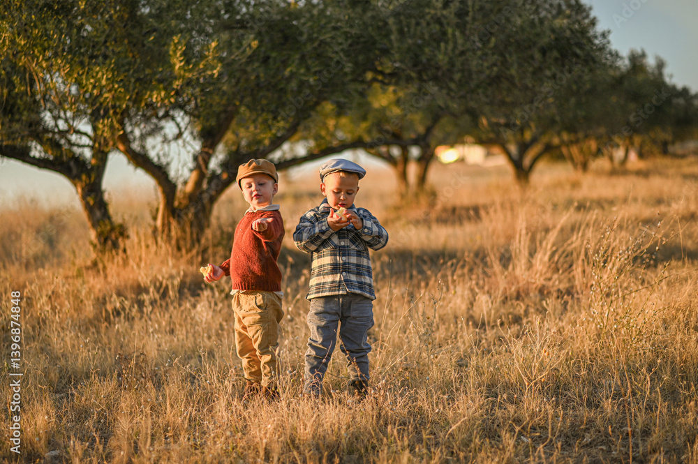 Two young boys in flat caps picking olives at sunset in a rustic olive grove. They smile and play with fresh olives, surrounded by trees and warm golden light. Two young boys in flat caps picking olives at sunset in a rustic olive grove. They smile and play with fresh olives, surrounded by trees and warm golden light.