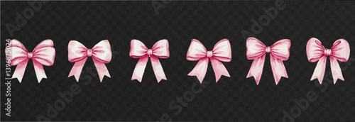 Watercolor set of pink satin ribbon bows png. Collection of hand-painted pink bows in various tying styles on isolated transparent background. Elements for romantic decor, girlish hairstyles, etc