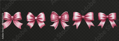 Watercolor set of pink satin ribbon bows png. Collection of hand-painted pink bows in various tying styles on isolated transparent background. Elements for romantic decor, girlish hairstyles, etc