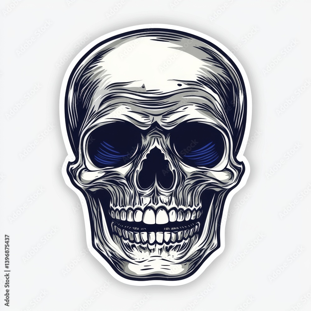 Fototapeta premium A Halloween sticker featuring a cartoon skull with large eyes and a red tongue, isolated on a white background with a white border, represents the concept of horror and monster stickers