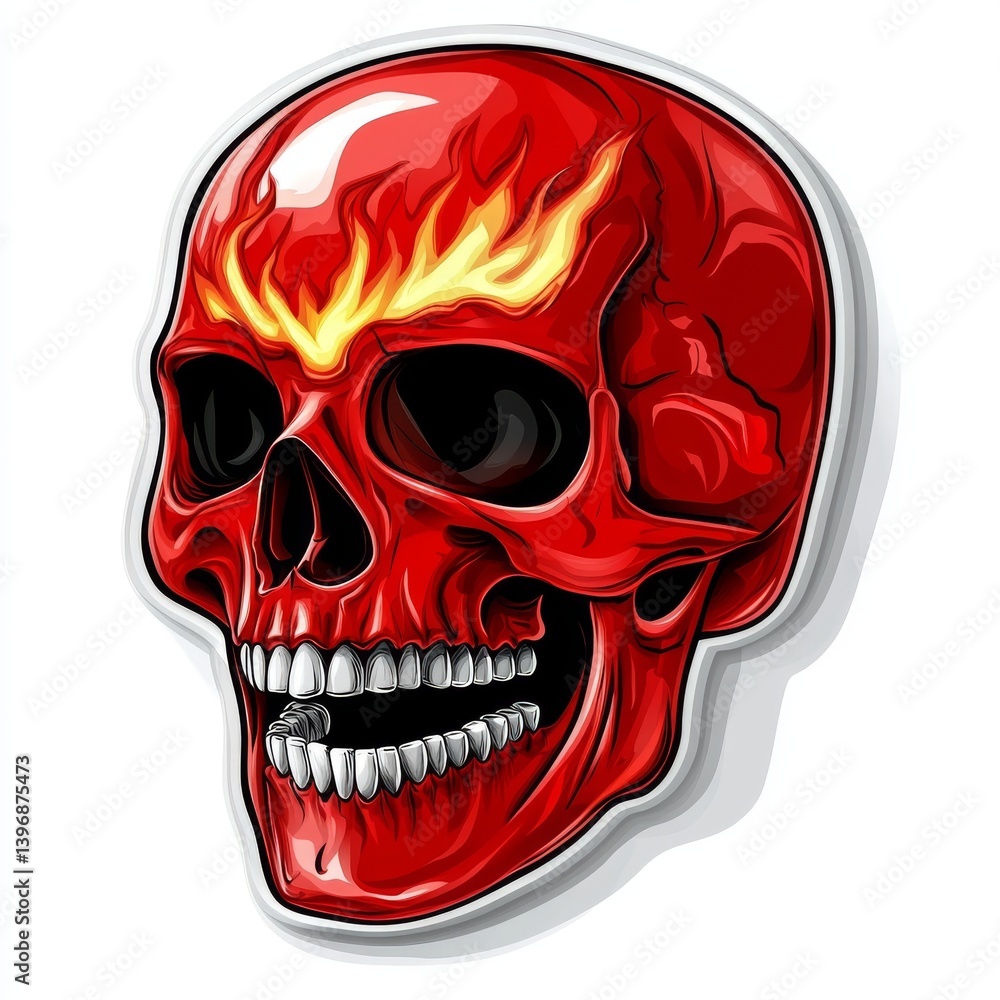 Fototapeta premium A cartoon Halloween sticker featuring a red skull with dripping liquid, flames in the eye sockets, and crossbones, isolated on a white background with a white border, symbolizing horror and monster