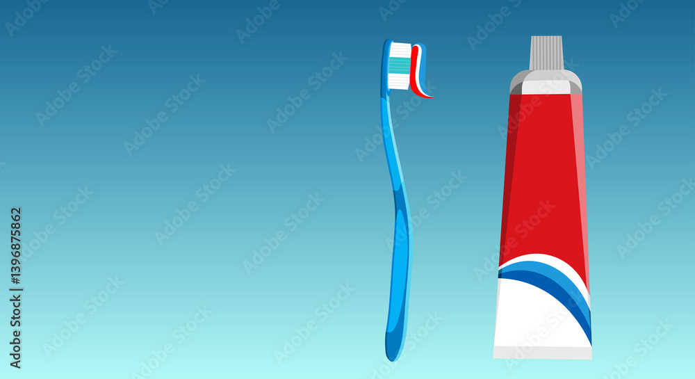 Obraz premium Blue toothbrush with colorful paste and tube of toothpaste in red, blue and white colors on blue background. Teeth cleaning concept, mouth. Copy space.