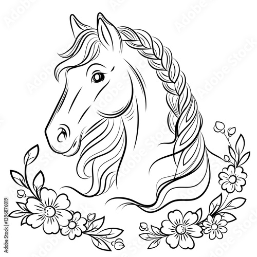 Line Art Horse Portrait with Decorative Flowers.Horse Coloring Page with Floral Elements. ideal for print, coloring books, childrens activities, and equestrian themed designs.Vector illustration