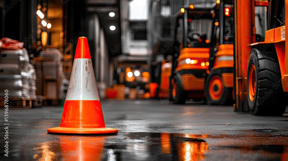 Bright Safety Cone on Wet Floor in Industrial Warehouse Environment
