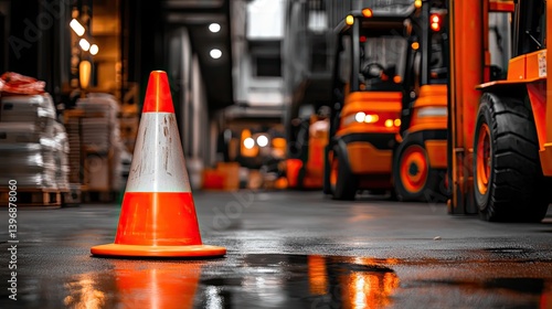 Obraz na płótnie Bright Safety Cone on Wet Floor in Industrial Warehouse Environment w salonie