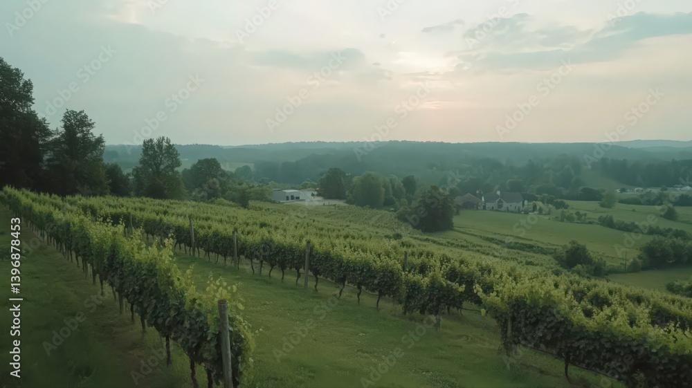 Naklejka premium Lush Green Vineyard Slopes Under Bright Sky Farm Rows with Distant Trees in a Sunny Agricultural Landscape With Abundant Greenery And Open Sky Scenery