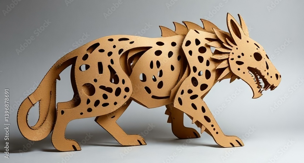 Naklejka premium A life-sized cardboard cutout of a hyena standing upright, showcasing its distinctive features and markings