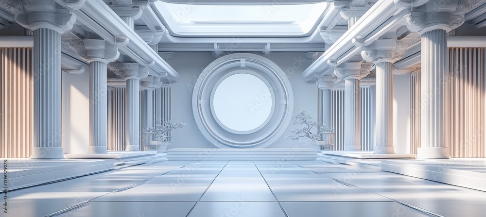 Futuristic white paint Greek temple interior with column and portal. Landmark ancient religion building architecture. Generative AI technology.