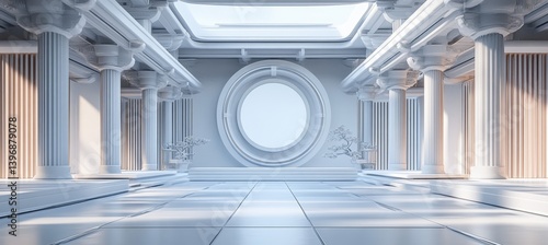Obraz na płótnie Futuristic white paint Greek temple interior with column and portal. Landmark ancient religion building architecture. Generative AI technology. w salonie