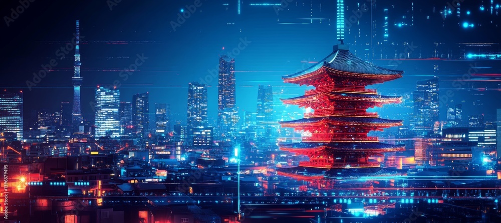 Japanese Shinto temple pagoda on night cityscape. Metropolis urban are. Generative AI technology.