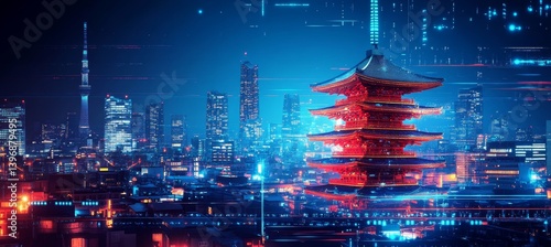 Obraz na płótnie Japanese Shinto temple pagoda on night cityscape. Metropolis urban are. Generative AI technology.
w salonie