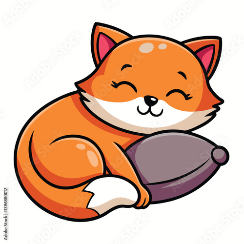 Smiling Cartoon Fox Cuddles Gray Pillow, Relaxing & Sleeping, Isolated on White Back