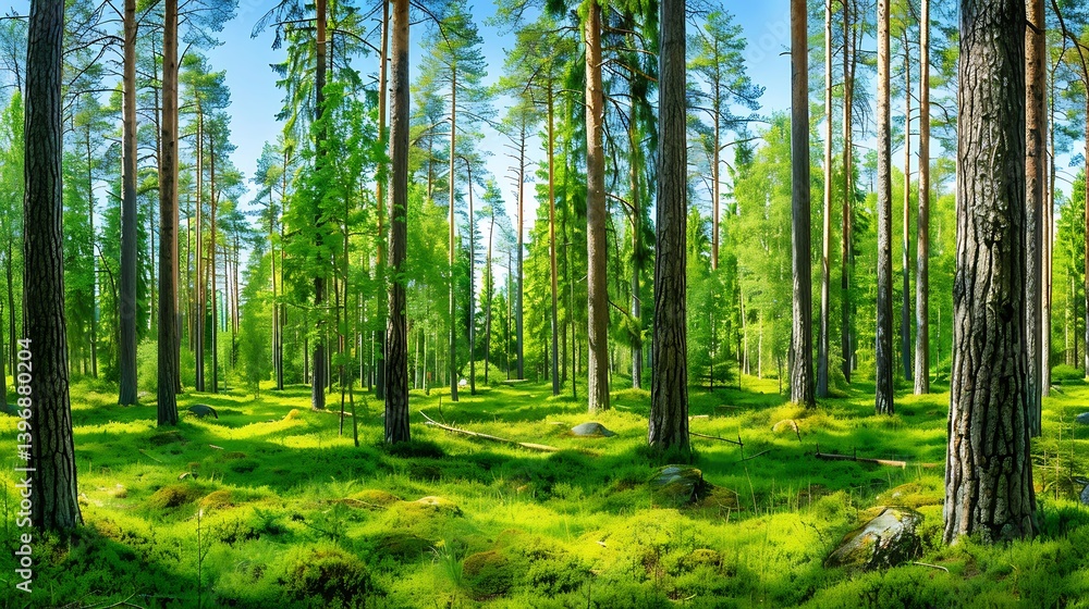 Obraz premium A sun-drenched forest floor, vibrant with life.