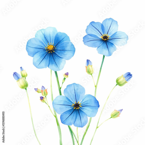 Blue flowers. Watercolor forget me not flowers botanical illustration isolated floral. Hand painted blossom flax flowers	
