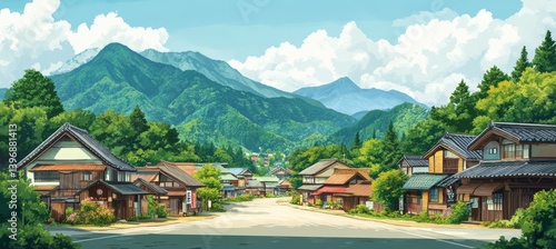 Obraz na płótnie Old China Japan village at mountain valley. Traditional oriental Japanese painting style background. Generative AI technology.
w salonie