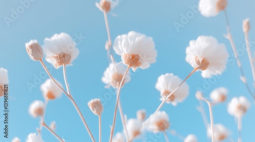 Delicate white flowers against a pale blue sky.  Soft, fluffy blossoms on light tan stems rise against a clear, pastel sky.  A serene and dreamy floral image