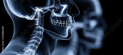 Obraz na płótnie Human jaw, teeth, spine bone, face bone on X-ray visual. Human science anatomy. Generative AI technology.
w salonie