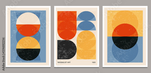 Set of minimal 20s geometric design poster, vector template with primitive shapes elements