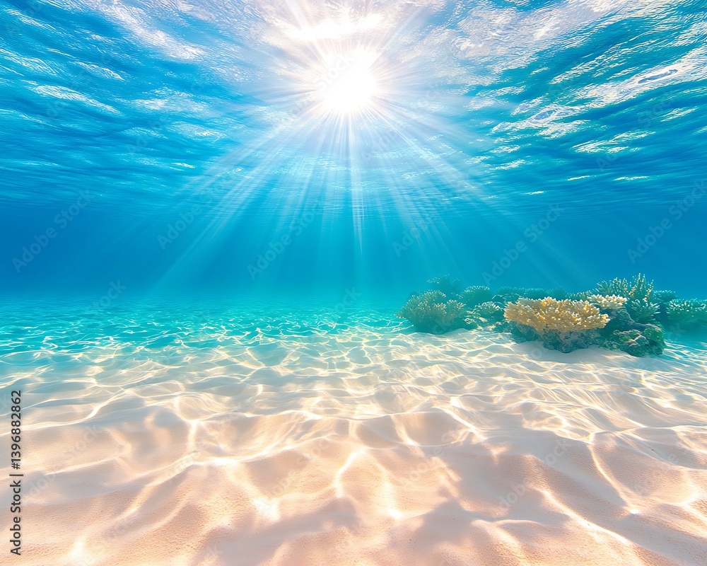 Fototapeta premium Sunbeams with Coral Reef, and Ocean Floor.
