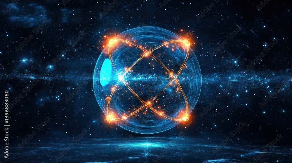 Obraz premium abstract glowing atom sphere with cosmic background depicts scientific research or futuristic technology innovation concept visualization