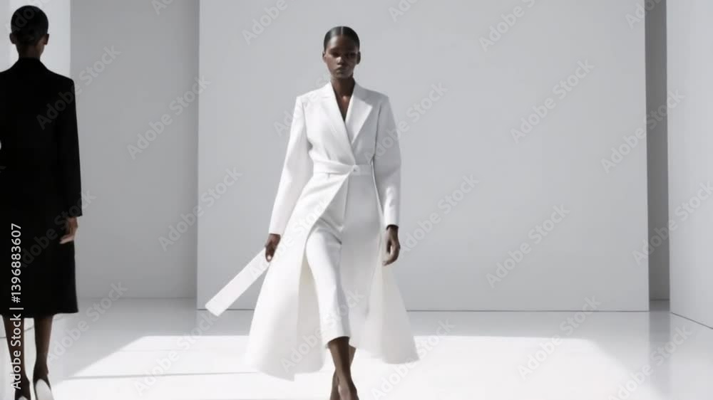 Minimalist studio runway walk of high fashion model in white background with monochromatic lighting for minimalist apparel advertising campaign visuals