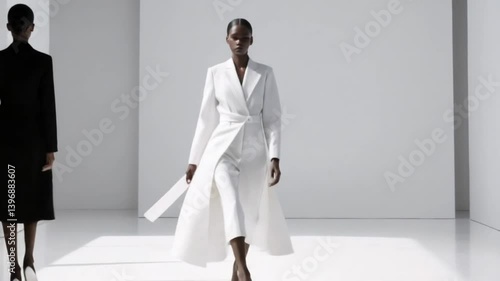 Wallpaper Mural Minimalist studio runway walk of high fashion model in white background with monochromatic lighting for minimalist apparel advertising campaign visuals Torontodigital.ca
