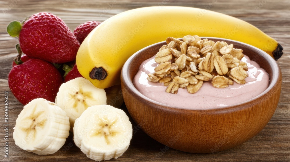 Pink Yogurt with Granola Strawberries and Banana Slices in Wooden Bowl Pink Yogurt with Granola Strawberries and Banana Slices in Wooden Bowl