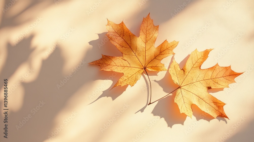 Fototapeta premium autumnal maple leaves on textured paper illuminated by sunlight casting leaf shadows creating a tranquil and warm seasonal scene