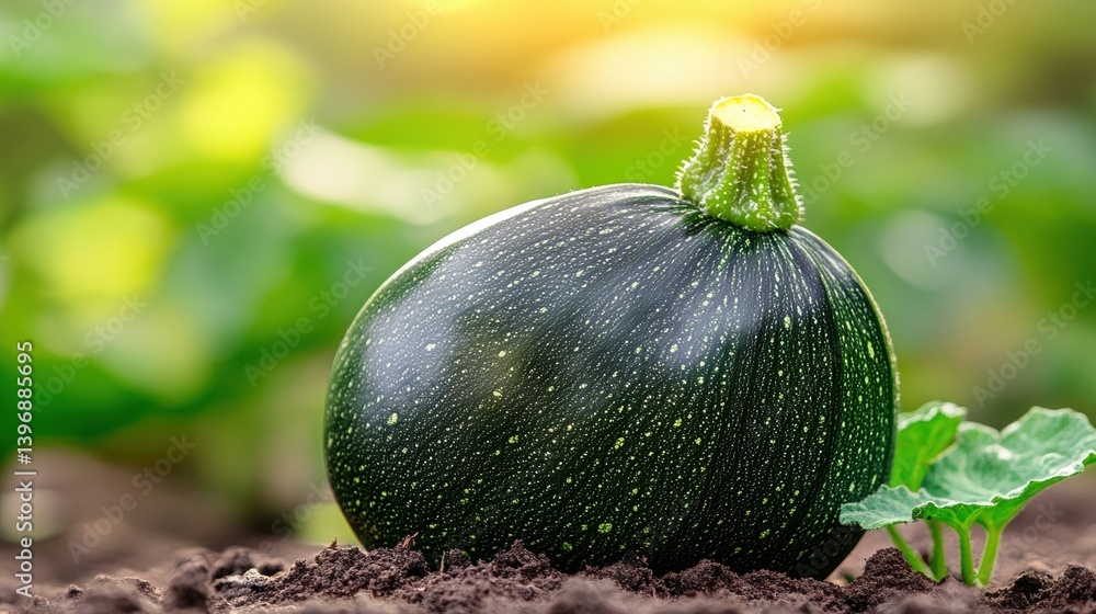 Closeup of a Round Dark Green Speckled Zucchini in a Garden Closeup of a Round Dark Green Speckled Zucchini in a Garden